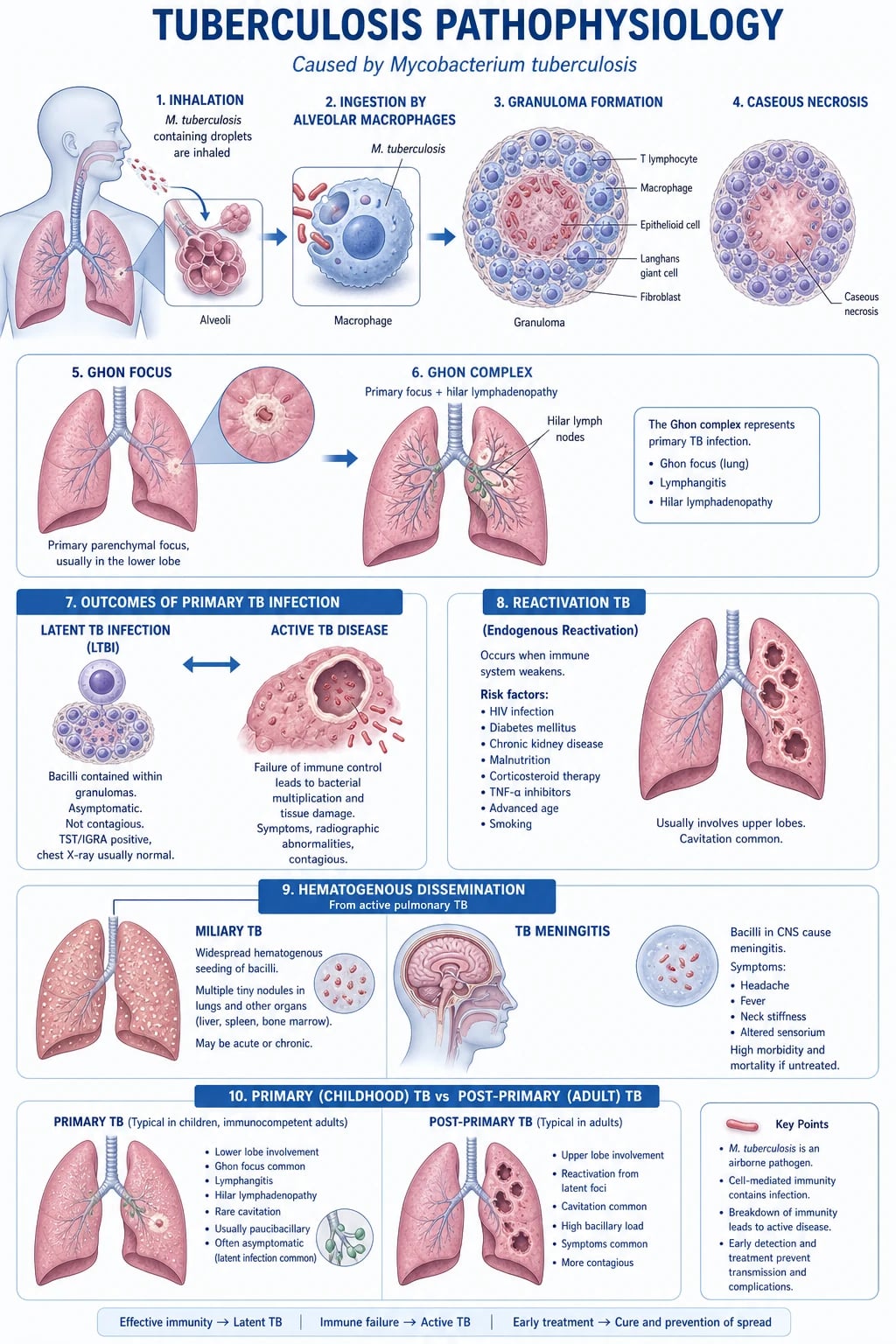 Mechanism infographic: inhaled droplet nuclei to alveolar macrophage phagocytosis to CD4 Th1 granuloma with caseous necrosis, cavity formation and lymphohaematogenous dissemination