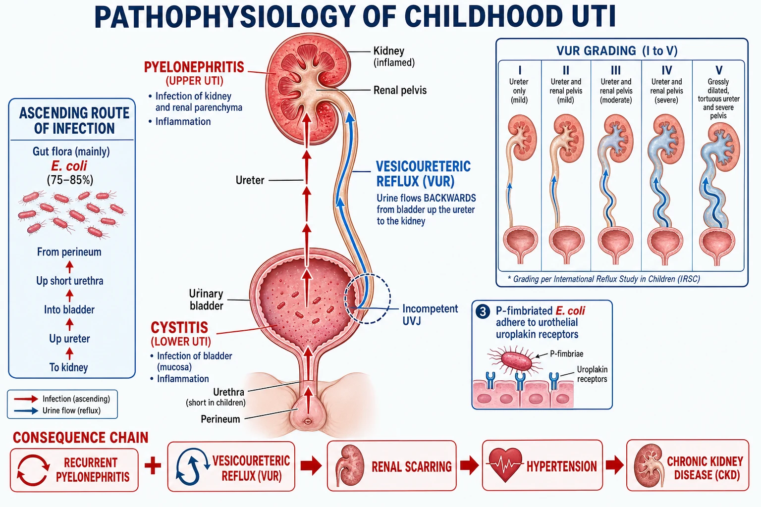 Pathophysiology diagram: ascending route from perineum to bladder (cystitis) to kidney (pyelonephritis), vesicoureteric reflux with incompetent ureterovesical junction, VUR grading I to V, and the consequence chain to renal scarring, hypertension and CKD