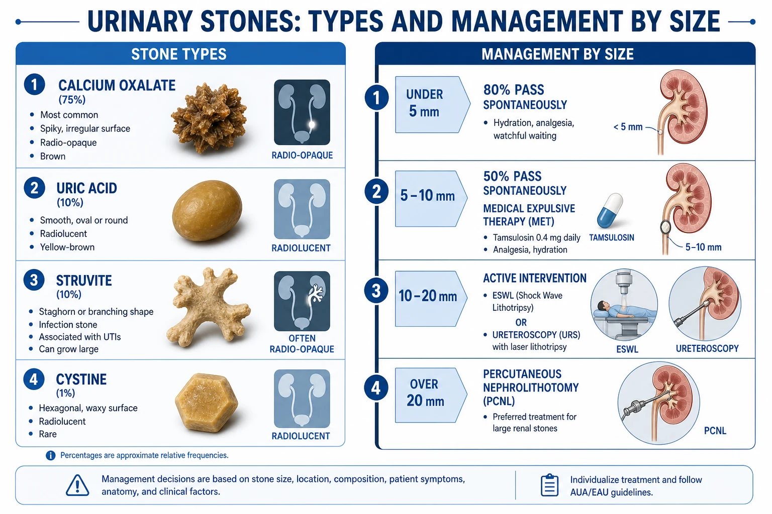 Stone types (calcium oxalate, calcium phosphate, uric acid, struvite, cystine) with their radiopacity, urine pH, and treatment by size.