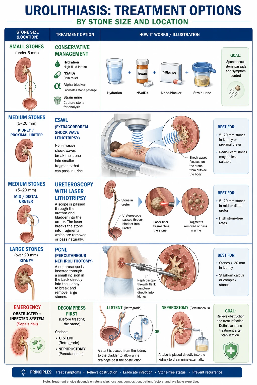 Urolithiasis treatment algorithm by stone size and location with the emergency decompression pathway.