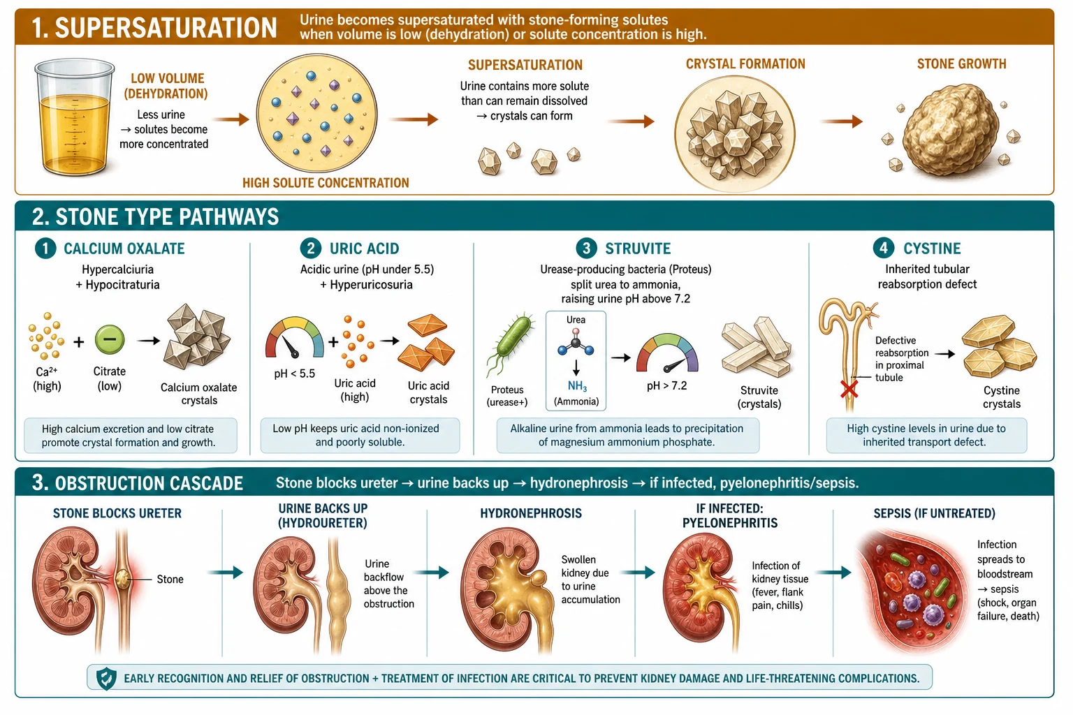Pathogenesis of each stone type and the obstructive cascade leading to hydronephrosis and sepsis.