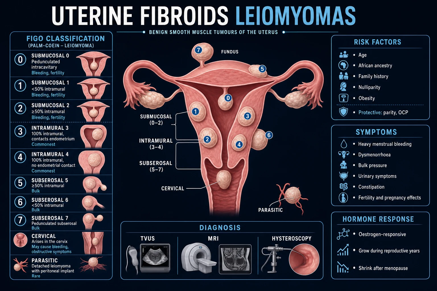 Clean infographic of FIGO types 0 to 8 leiomyoma subclassification with submucosal intramural subserosal cervical and parasitic locations