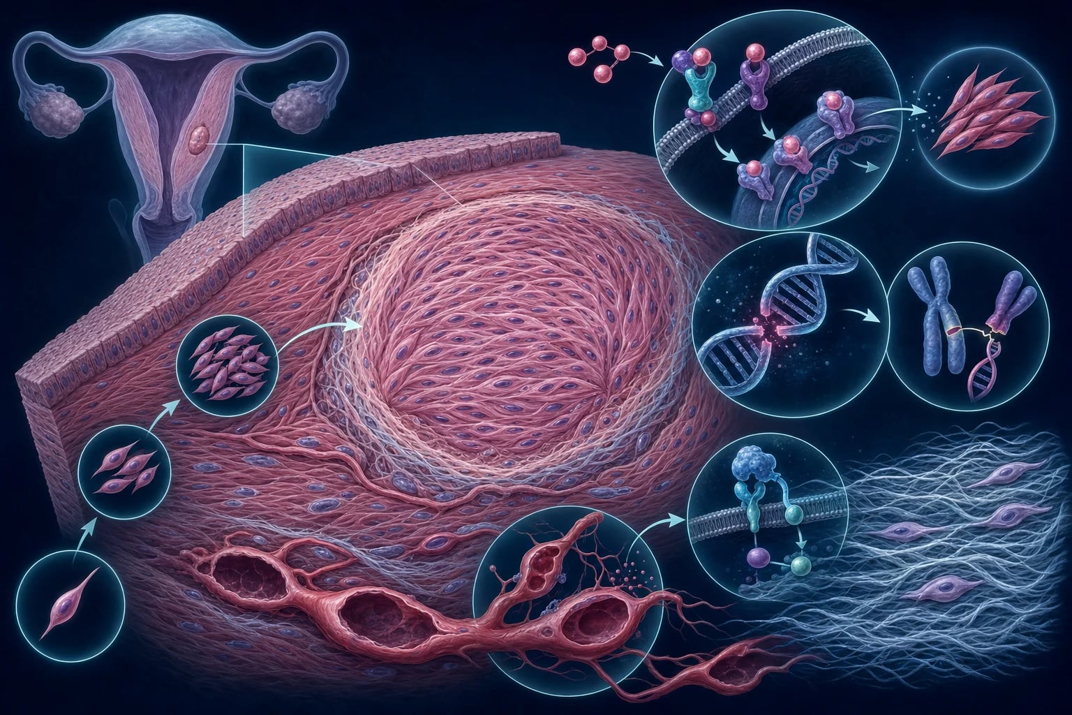 Mechanism infographic: MED12 mutation in myometrial stem cell to oestrogen and progesterone-driven proliferation to extracellular matrix deposition to dysregulated endometrial venules and heavy bleeding, and to mass effect on bladder and bowel