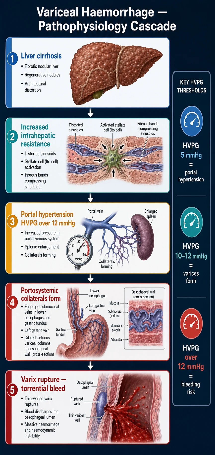 Mechanism infographic: cirrhosis to increased intrahepatic resistance to portal hypertension to collateral formation to variceal rupture
