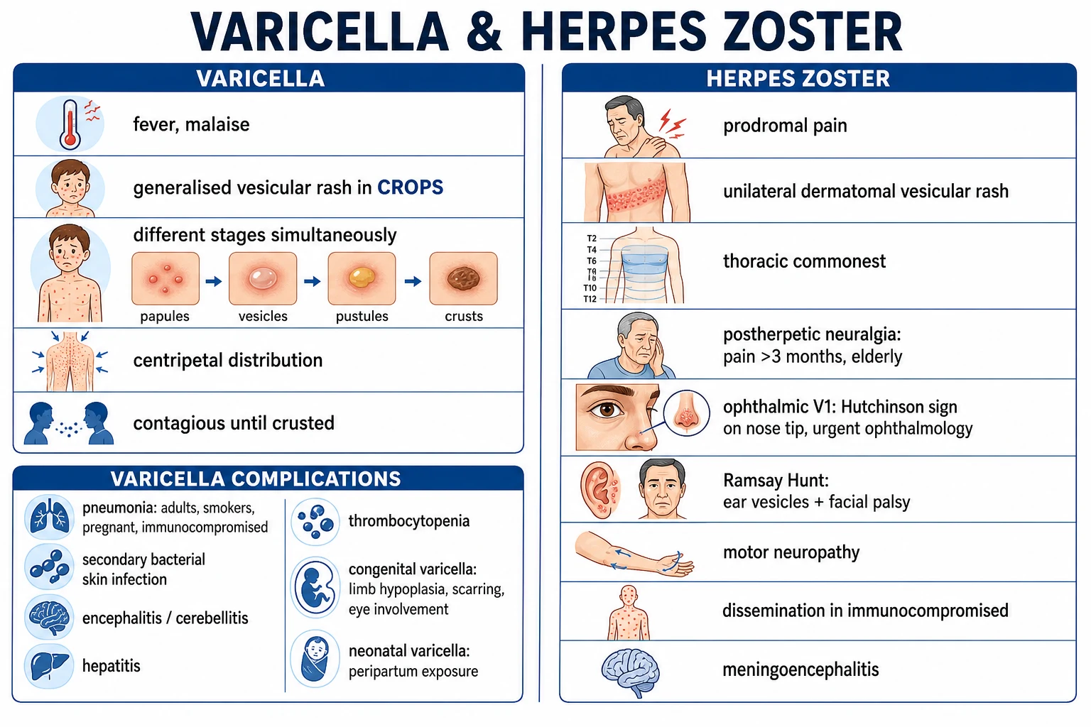 Clean infographic: varicella vs zoster features, anatomical distribution of zoster, complications