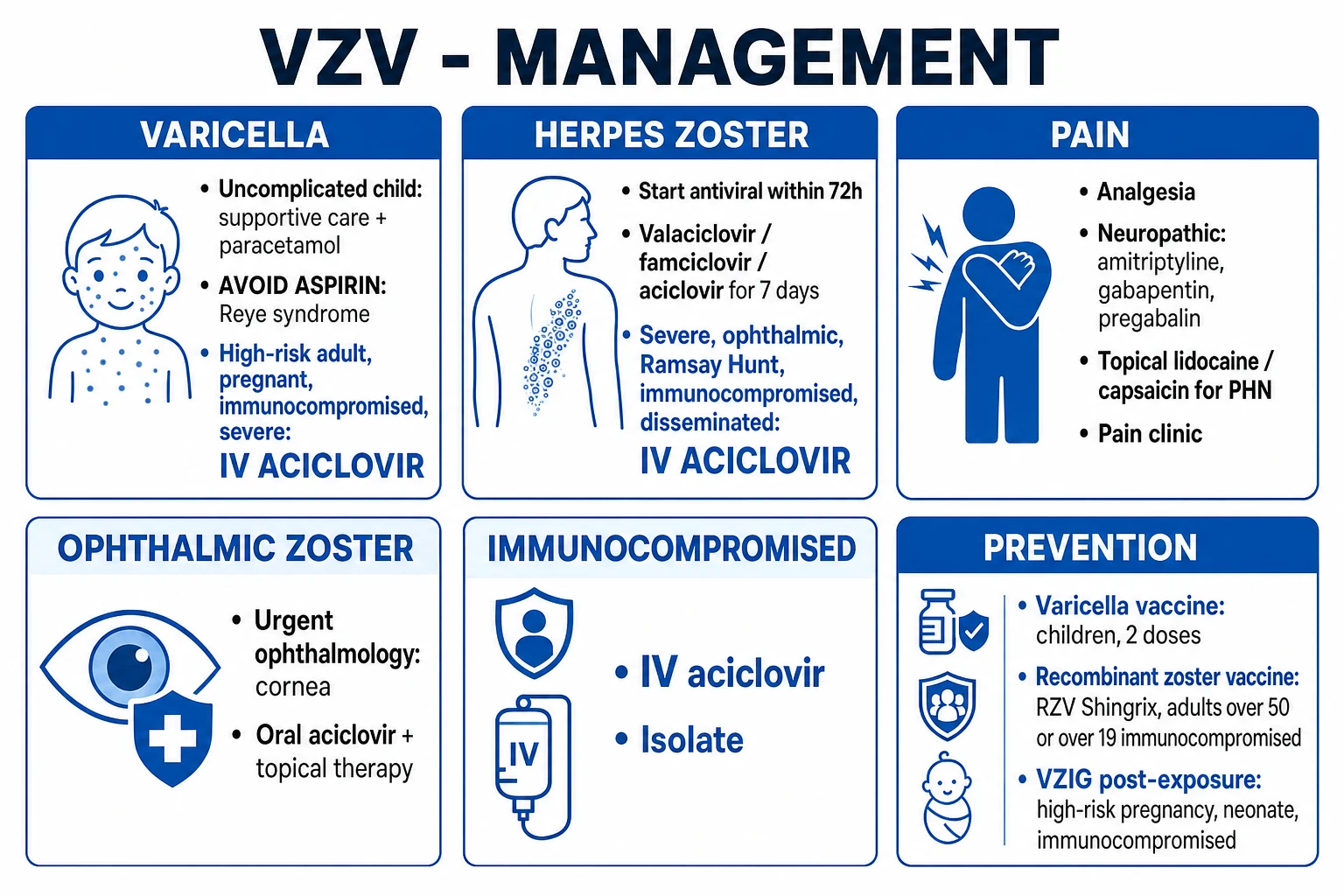 Clean management infographic: varicella management (supportive vs IV aciclovir), zoster antivirals within 72h, neuropathic pain ladder, prevention