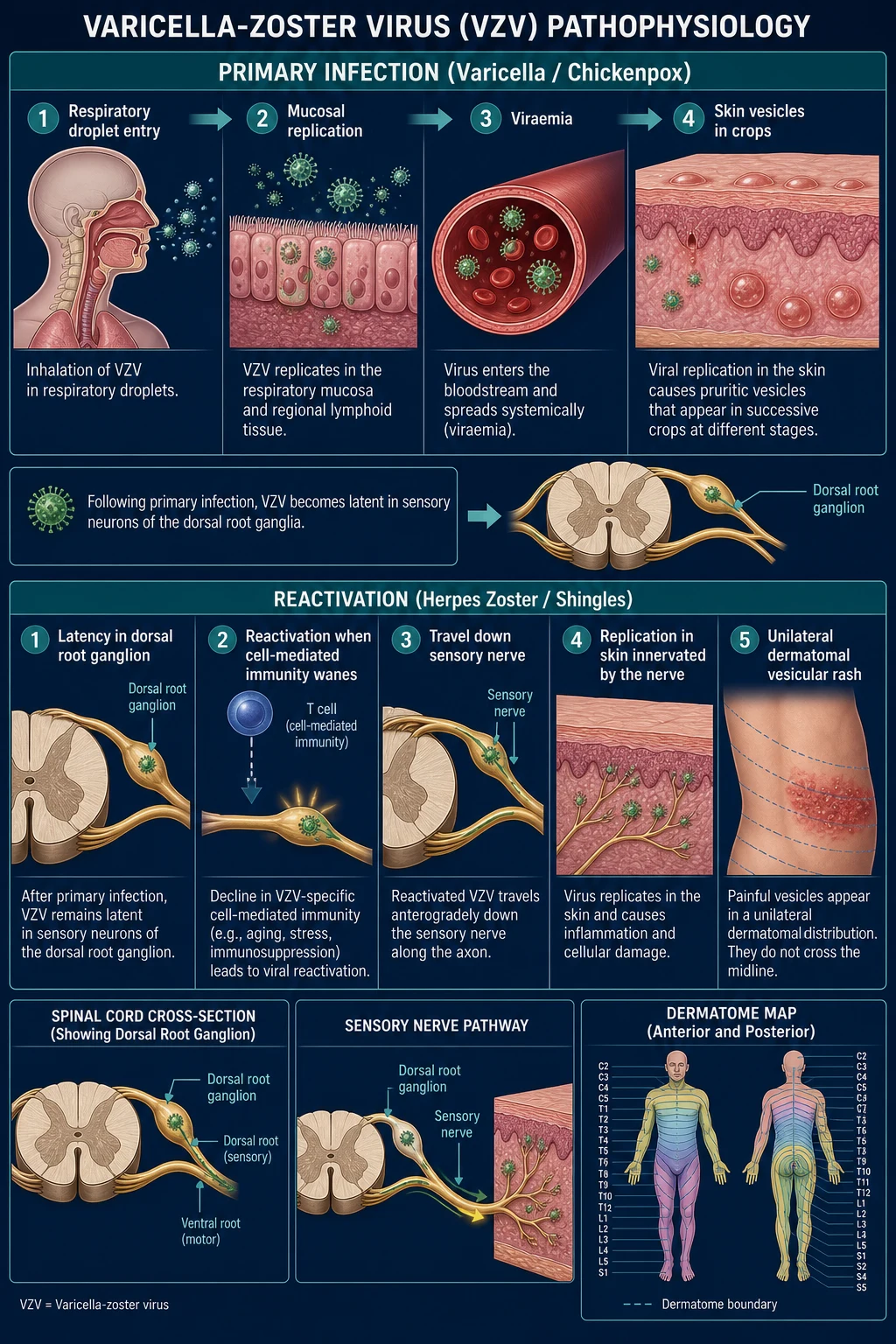 Mechanism infographic: varicella primary cascade (droplet entry, mucosal replication, viraemia, crops of vesicles) and zoster reactivation cascade (latency in dorsal root ganglion, CMI wanes, ganglionitis, anterograde spread, dermatomal rash), with anatomical spine cross-section