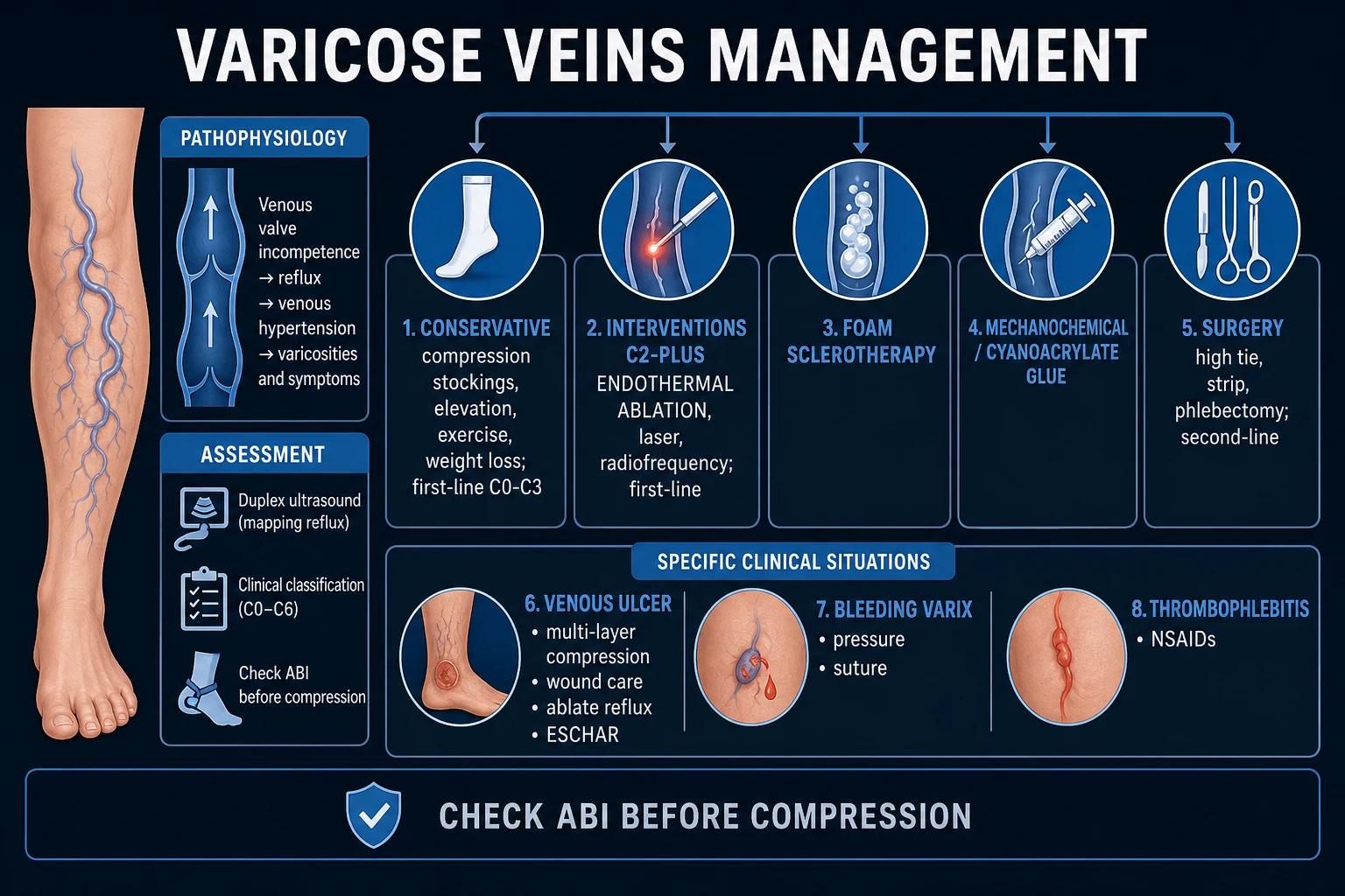 Management algorithm for varicose veins from conservative through endovenous ablation to surgery, with the ulcer pathway separated.