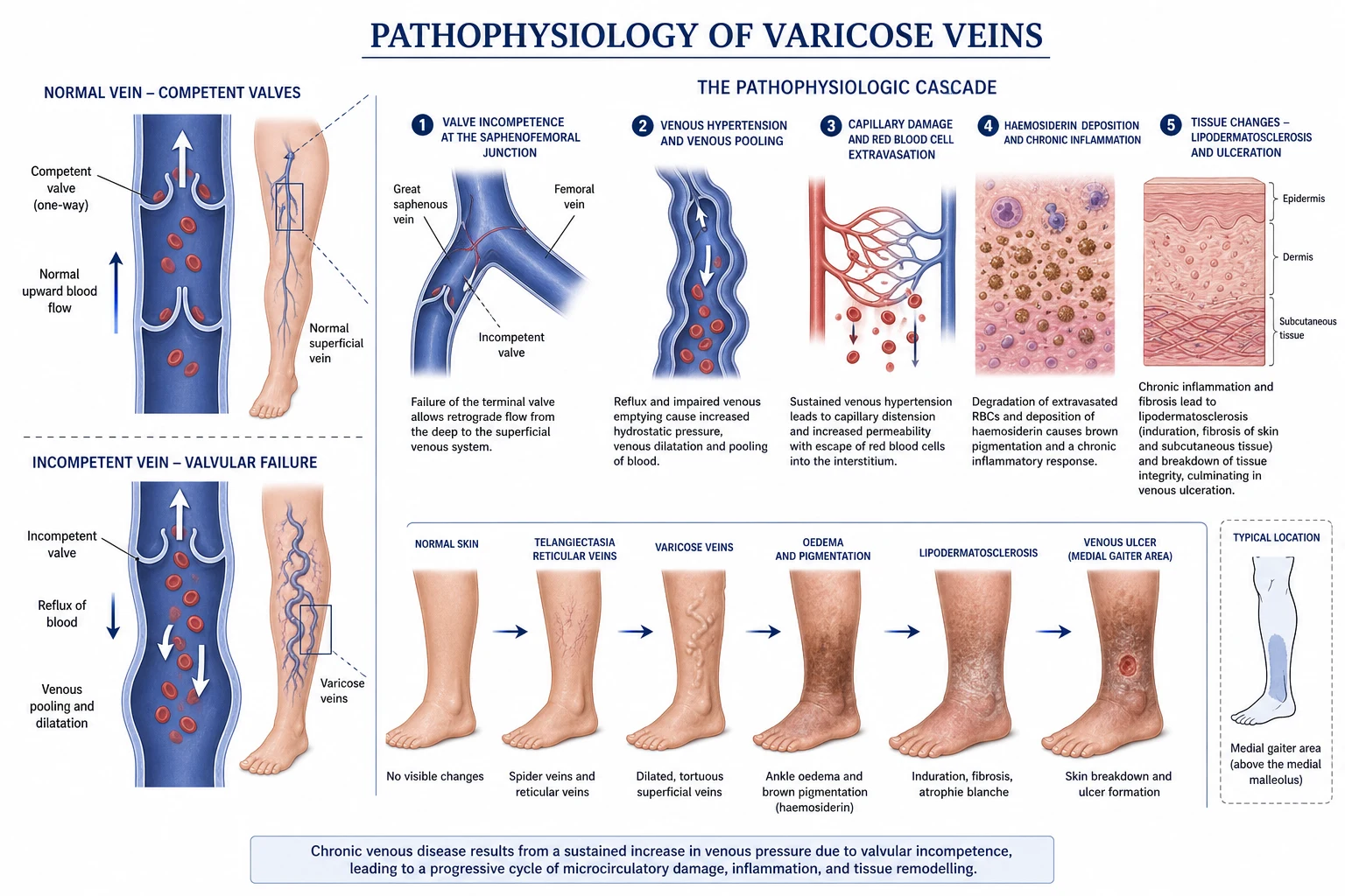 The pathophysiological cascade from valve incompetence through reflux and venous hypertension to capillary leak, haemosiderin deposition, lipodermatosclerosis and ulcer.