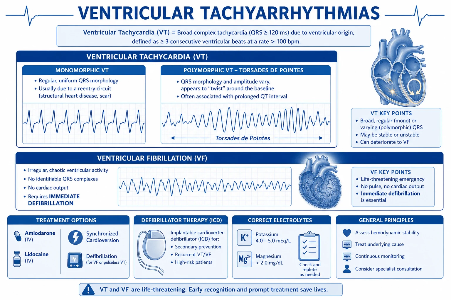 Mechanism infographic showing four VT mechanisms - scar re-entry circuit, automatic focus, delayed after-depolarisation triggered activity, early after-depolarisation and torsades, plus the multiple-wavelet mechanism of VF and the Brugada/LQT/CPVT channelopathy pathways