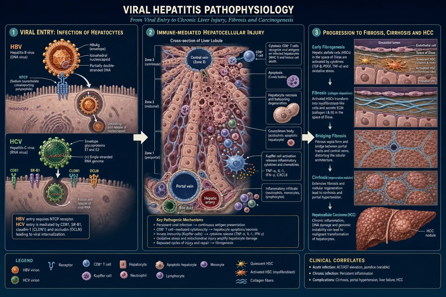 Detailed mechanism infographic of viral hepatitis pathophysiology in three panels: viral entry, immune-mediated hepatocyte injury, and fibrosis progression to cirrhosis and HCC