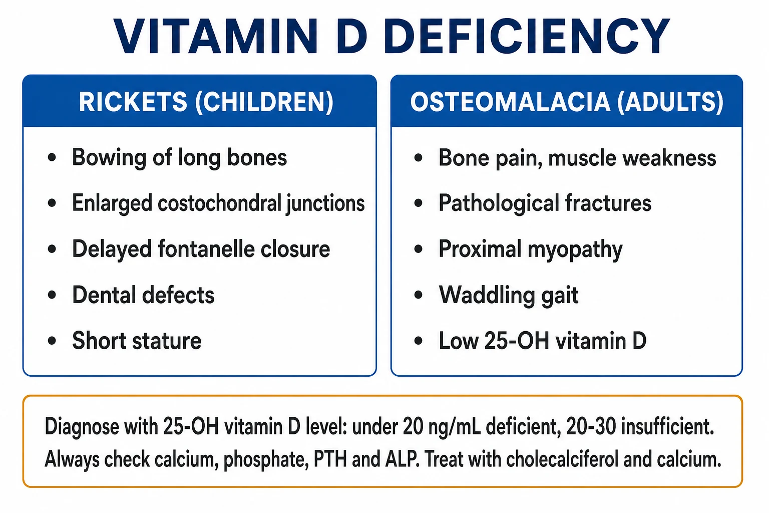Clean two-column infographic of rickets vs osteomalacia, with the 25-OH-D threshold ladder