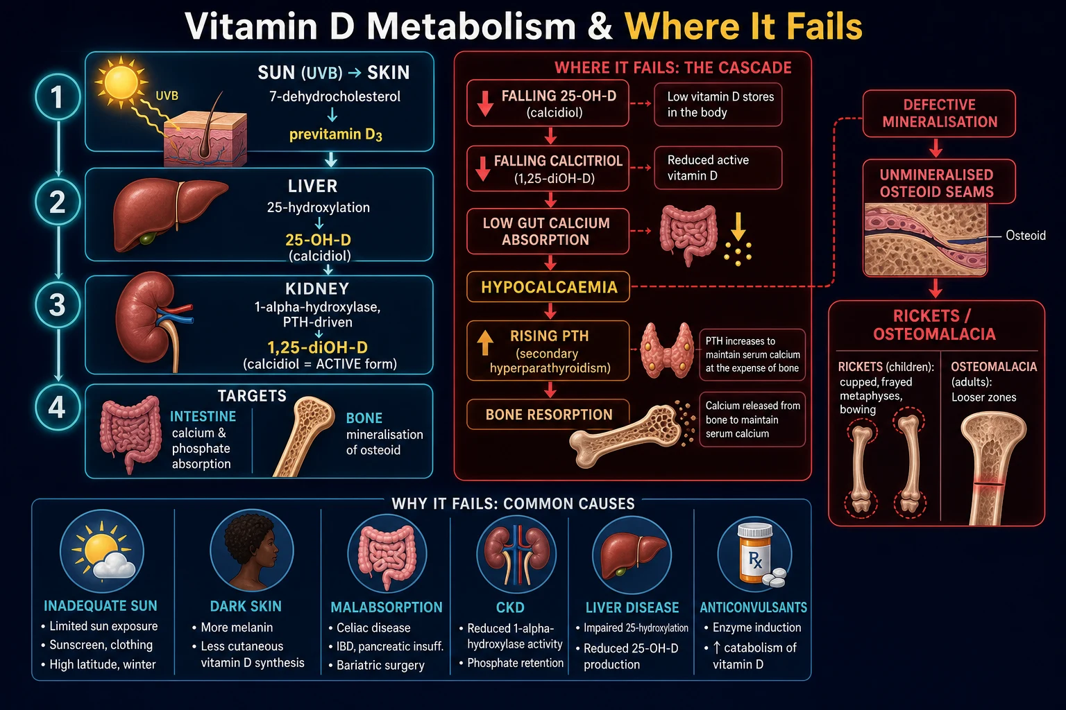 Two-panel pathophysiology infographic on deep navy: left shows skin-liver-kidney-target synthesis chain with UVB, 25-hydroxylation and PTH-driven 1-alpha-hydroxylation to calcitriol acting on gut and bone; right shows the failure cascade of falling calcitriol, hypocalcaemia, rising PTH and defective mineralisation causing rickets and osteomalacia