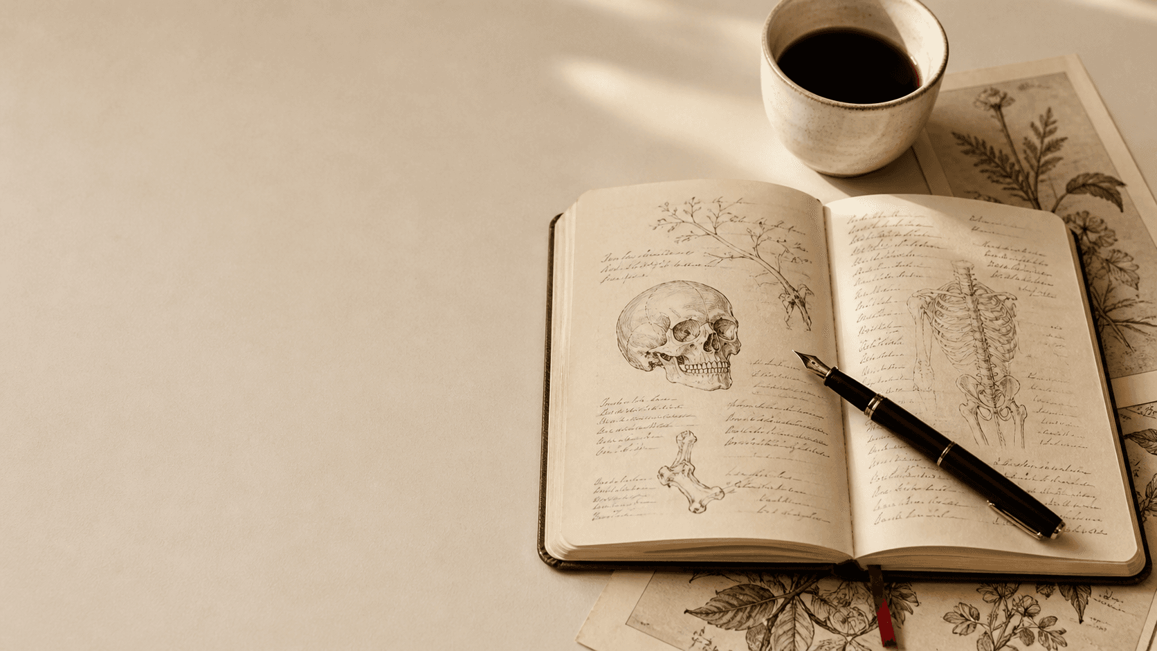 An open field-notes journal with hand-drawn anatomical sketches, a fountain pen and coffee on an ivory desk