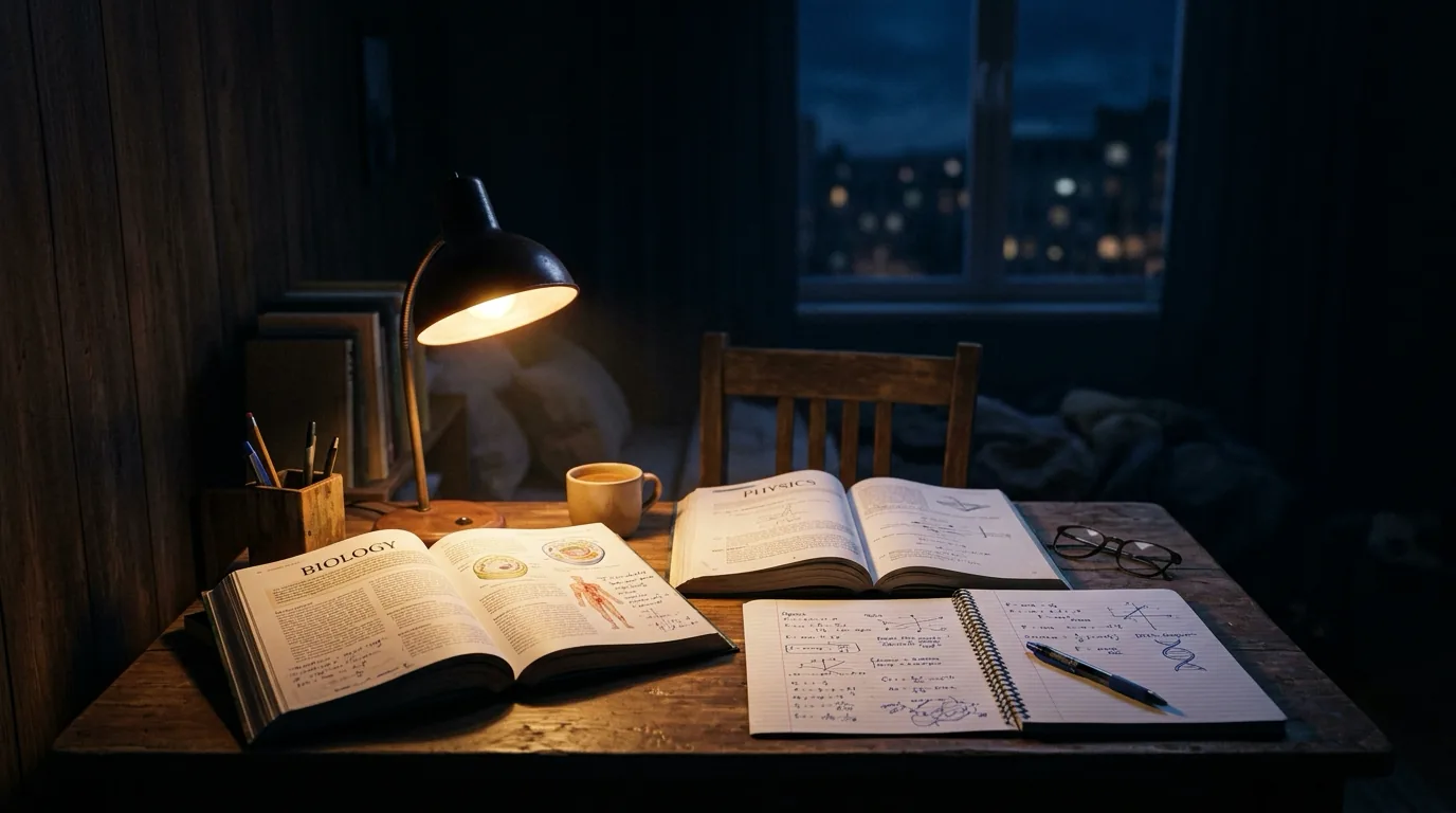 A study desk at night — open NCERT textbooks under a warm lamp